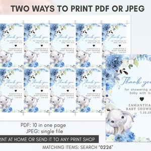 May include: Ten blue and white baby shower favor tags with an elephant illustration and the text "Thank you for showering our baby with love Samantha's Baby Shower 5.20.2023".