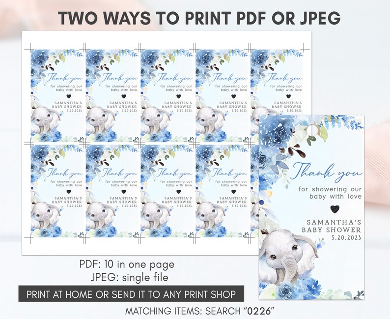 May include: Ten blue and white baby shower favor tags with an elephant illustration and the text "Thank you for showering our baby with love Samantha's Baby Shower 5.20.2023".