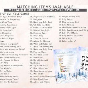 May include: A collection of baby shower games and activities, including a Children's Book Emoji Pictionary and a "Who is my mama?" game. The games feature a winter theme with polar bears and trees.