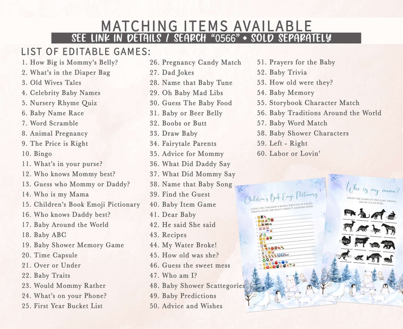 May include: A collection of baby shower games and activities, including a Children's Book Emoji Pictionary and a "Who is my mama?" game. The games feature a winter theme with polar bears and trees.