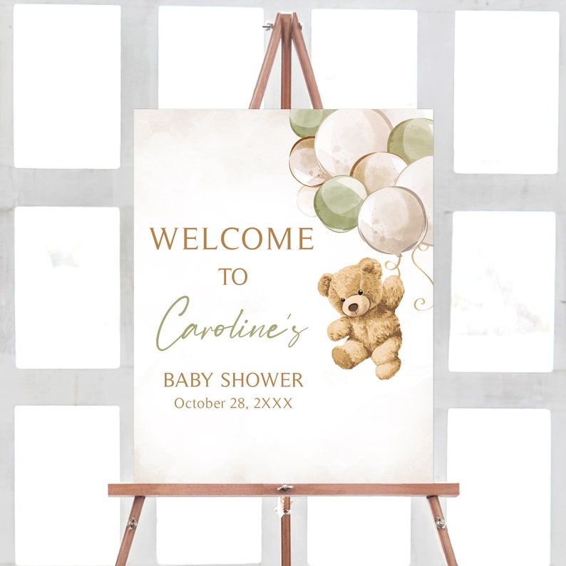 Editable Gender Neutral Bear Baby Shower Welcome Sign, We Can Bearly Wait Baby Shower Welcome Poster, Green Balloon Bear Baby Shower, 0526 image 1