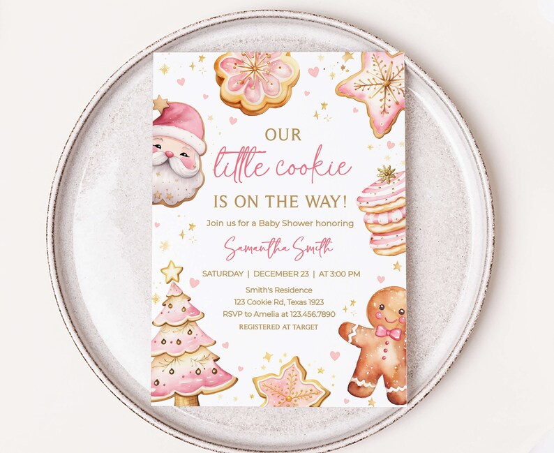 Editable Girl Christmas Cookie Baby Shower Invitation Bundle, Pink Gingerbread Baby Shower Invite Set, Pink A Little Cookie Baby Shower 0574 image 3