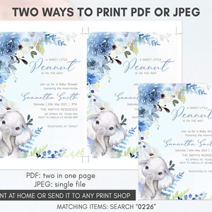 K&ouml;nnte beinhalten: Zwei druckbare Babyparty-Einladungen mit einem blauen und wei&szlig;en Blumendesign und einer niedlichen Elefantenillustration. Der Text auf der Einladung lautet "A Sweet Little Peanut is on the way" und enth&auml;lt den Namen "Samantha Smith".