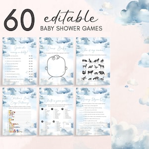 Editable On Cloud 9 Baby Shower Games Bundle, Dusty Blue We&#39;re On Cloud Nine Baby Shower Game Pack, Baby Boy Cloud Baby Shower Games, 01077