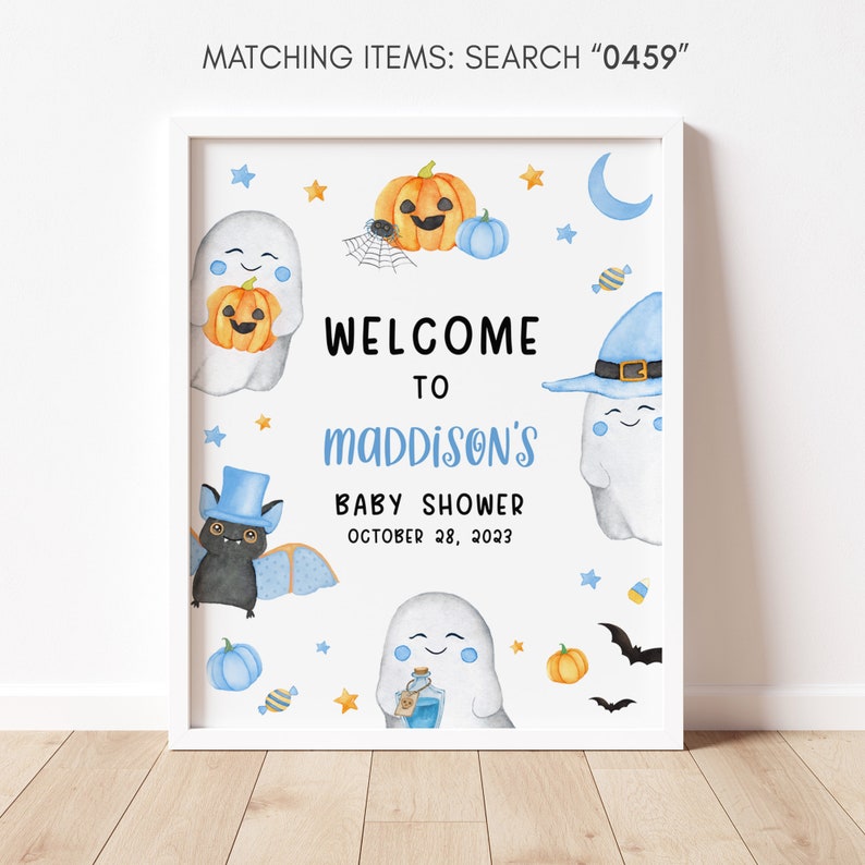 Bearbeitbar Ein Little Boo Babyparty Willkommensschild, Blaues Halloween Babyparty Willkommensplakat, Jungengeist Halloween Babyparty Willkommensschild 0459 Bild 3
