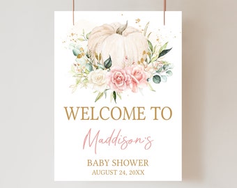 Puede incluir: Un letrero de bienvenida para baby shower con una calabaza de acuarela y un arreglo floral en suaves tonos rosas, blancos y verdes. El letrero dice "WELCOME TO Maddison's BABY SHOWER AUGUST 24, 20XX" en fuentes elegantes.