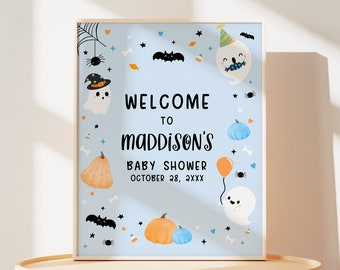 Editable Little Boo Baby Shower Welcome Sign, Blue Halloween Baby Shower Welcome Poster, Halloween Boy Ghost Baby Shower Sign Template, 0518