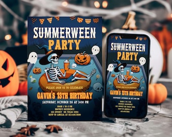 Editable Summerween Birthday Invitation, Spooky Pool Party Summer Halloween Birthday Invite, Summerween Skeleton 13th Birthday Invite, 107BD