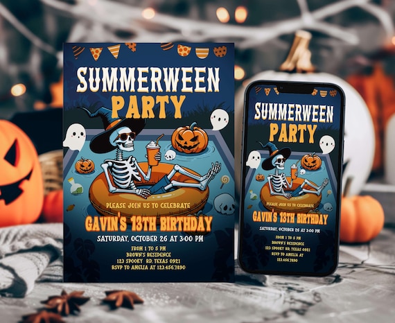 Editable Summerween Birthday Invitation, Spooky Pool Party Summer Halloween Birthday Invite, Summerween Skeleton 13th Birthday Invite, 107BD