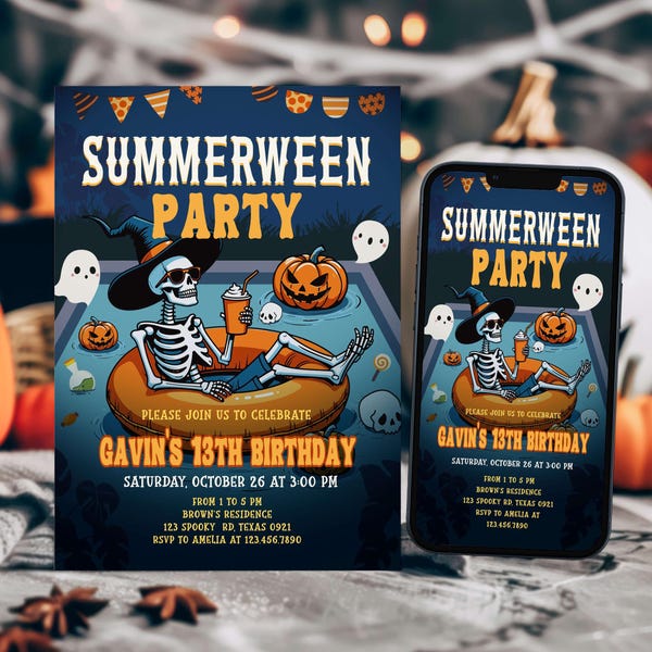 Editable Summerween Birthday Invitation, Spooky Pool Party Summer Halloween Birthday Invite, Summerween Skeleton 13th Birthday Invite, 107BD
