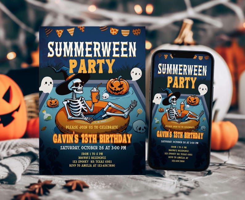a Halloween-themed invitation for a skeleton-themed birthday party, with a skeleton sitting on a pumpkin and other Halloween decorations in the background.