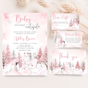 Bewerkbare meisje pooldieren baby shower uitnodiging bundel, roze winter baby shower uitnodiging set, roze baby het is koud buiten baby shower 0568 afbeelding 1