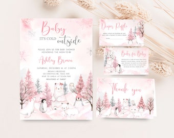 以下が含まれることがあります： 冬をテーマにしたベビーシャワーの招待状とカードのセット。「Baby It's Cold Outside」とイベントの詳細が書かれた招待状。追加のカードには、「Diaper Raffle」、「Books for Baby」、サンキューカードがあり、すべて水彩イラストです。