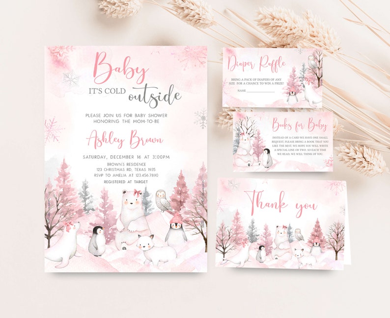 Bewerkbare meisje pooldieren baby shower uitnodiging bundel, roze winter baby shower uitnodiging set, roze baby het is koud buiten baby shower 0568 afbeelding 1