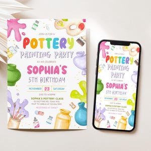 Invitación de cumpleaños editable con pintura de cerámica, invitación de cumpleaños para una fiesta de arte, invitación para pintar una fiesta de manualidades, invitación para una fiesta de cerámica para niños, 35BD