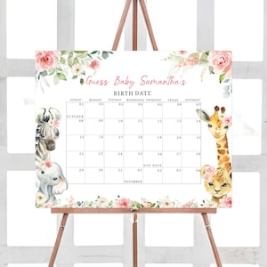 Bearbeitbarer Wild One Girl Safari-Babyparty-Fälligkeitskalender Blumen-Dschungel-Babypartykalender Greenery-Dschungel-Safari-Tierkalender 0383