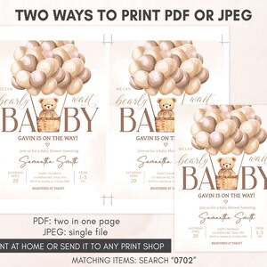 Editable Brown Bear Baby Shower Invitation, Boho Hot Air Balloons Baby Shower Invite, Neutral We Can Bearly Wait Baby Shower Invitation 0702 image 3