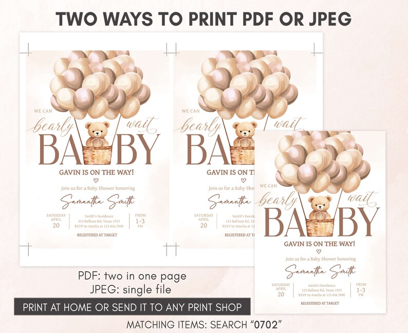 Editable Brown Bear Baby Shower Invitation, Boho Hot Air Balloons Baby Shower Invite, Neutral We Can Bearly Wait Baby Shower Invitation 0702 image 3