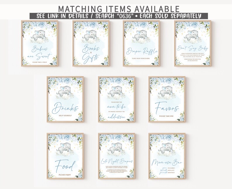 Op de afbeelding: Blauwe en witte babyshower-borden met een aquarel-olifantontwerp. De borden bevatten "Baby's zijn zoet", "Boeken & Cadeaus", "Luierspel", "Zeg niet baby", "Drankjes", "Adres van de aanstaande moeder", "Favorieten", "Eten", "Late-night luiers" en "Mimosa-bar".
