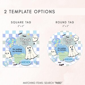 a picture of two stickers that say, thank you and round tags