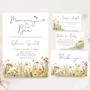 Editable Bee Baby Shower Invitation Bundle, Mommy to Bee Baby Shower Invite Set, Wildflower Honey Bee Baby Shower Invitation Set, 01022