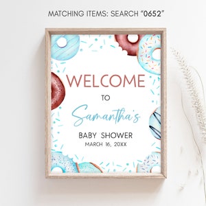 Signo de bienvenida editable de donuts y pañales azules para baby shower, cartel de bienvenida para baby shower de boy donuts, letrero de baby shower con espolvoreado dulce azul, 0652 imagen 3