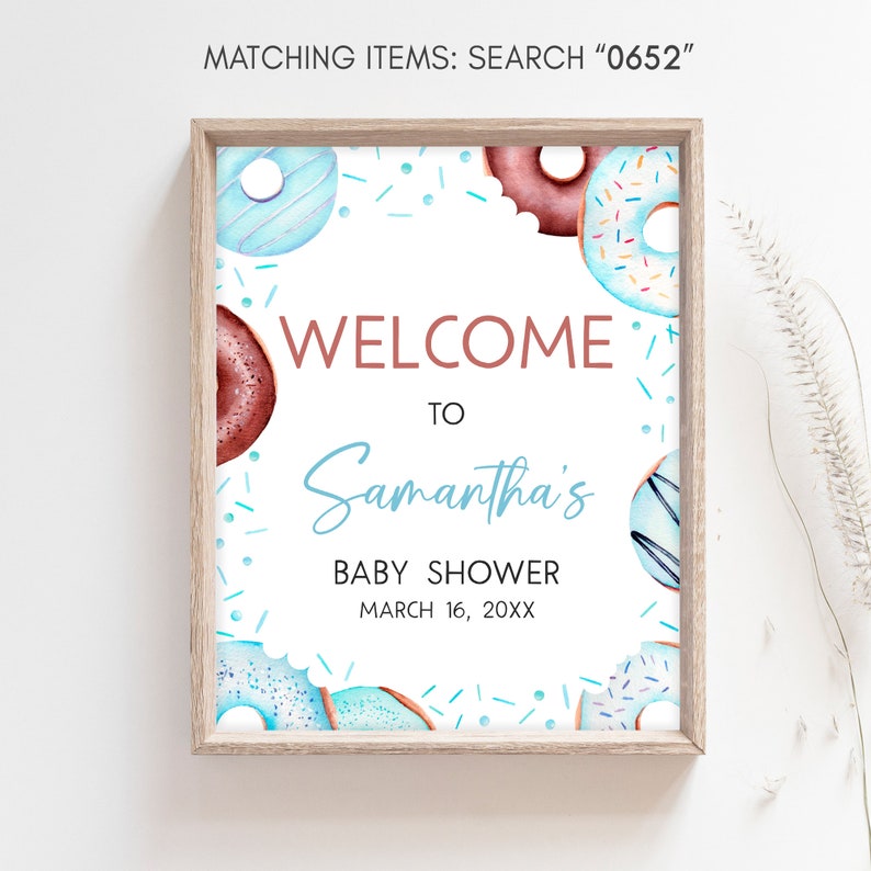 Signo de bienvenida editable de donuts y pañales azules para baby shower, cartel de bienvenida para baby shower de boy donuts, letrero de baby shower con espolvoreado dulce azul, 0652 imagen 3