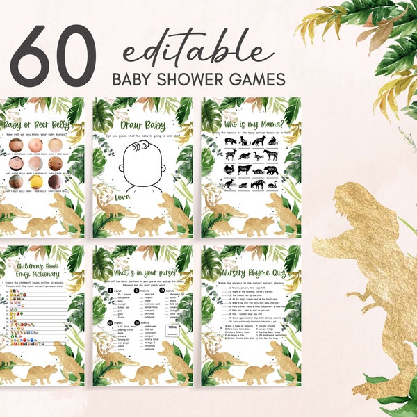 Dinosaurier Baby Shower Spiele Bundle, Gold Dino Baby Shower Game Pack Greenery Dino Baby Shower Aktivitäten Baby Boy Dinosaurier Vorlage 0178