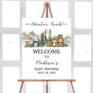 Aventura espera bebé ducha signo de bienvenida animales del bosque bebé ducha signo bosque montaña signo de bienvenida decoración plantilla imprimible 0195