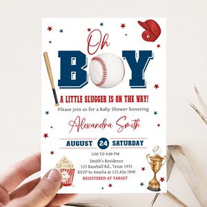 Editable Oh Boy Baseball Baby Shower Invitation, A Little Slugger Is On The Way Baby Shower Invite, Sports Boy Baby Shower Invitation, 0766
