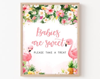 Los bebés son un signo dulce de un baby shower con flamencos, un baby shower tropical, un signo de golosina, una decoración de luau hawaiano, una plantilla imprimible de piña 0198