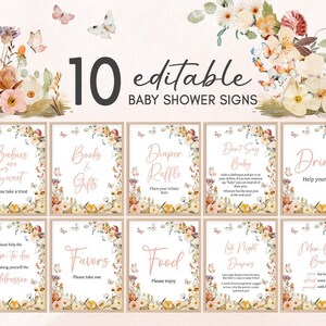 Bearbeitbares Schmetterlings-Babyparty-Tischschild, ein kleines Schmetterlings-Mädchen-Babyparty-Bundle-Zeichen, Blumenschmetterling-Babyparty-Windel-Verlosung 01021