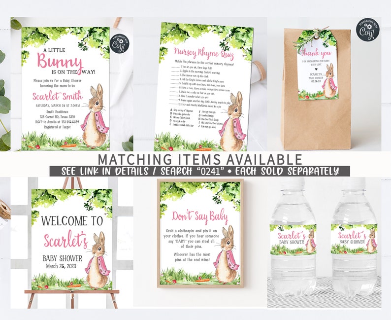 May include: A set of printable baby shower decorations featuring a watercolor illustration of a bunny wearing a pink shawl. The set includes a welcome sign, a game card, a favor bag with a tag, and water bottle labels. The text on the items reads "A Little Bunny is on the Way!" and "Welcome to Scarlet's Baby Shower".