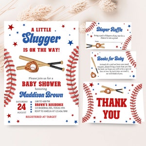 Editable Baseball Baby Shower Invitation Bundle, Sports Boy Baby Shower Invite Set, A Little Slugger Is On The Way Baby Shower Invite, 0769