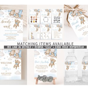 Pacchetto di giochi per baby shower modificabili con palloncino a forma di orso, pacchetto di giochi per baby shower blu We Can Bearly Wait, modello di gioco per baby shower Boy Boho Bear, 0504 immagine 2