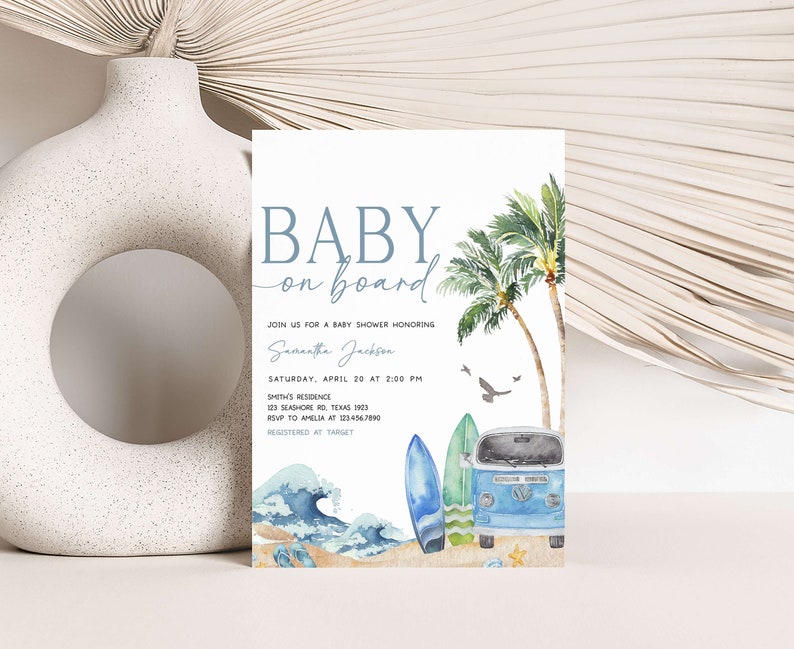 Bewerkbare baby aan boord van baby shower uitnodiging, Surf Beach baby shower uitnodiging, retro Surf Boy zomer baby shower uitnodiging sjabloon, 0709 afbeelding 1