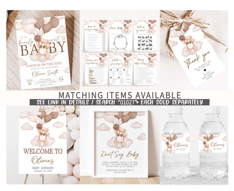 a set of baby shower items including a bottle of water