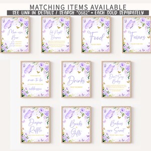May include: Purple and gold printable baby shower signs with butterfly designs. The signs include "Mimosas Bar", "Late Night Diapers", "Food", "Favors", "Drinks", "Don't Say Baby", "Mom-to-be Address", "Diaper Raffle", "Books & Gifts", and "Babies are Sweet".