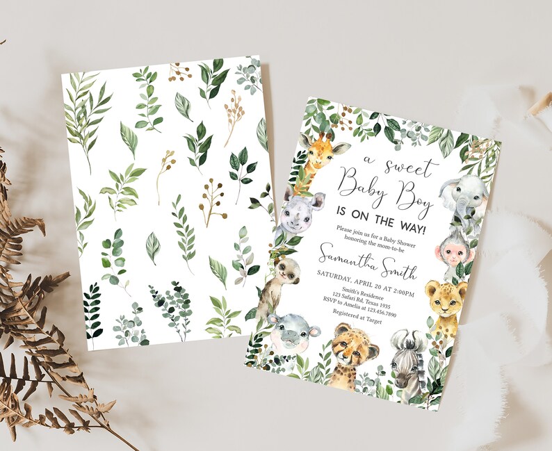 Editable Safari Baby Shower Invitation, Sweet Baby Boy Jungle Baby Shower Invite, Greenery Safari Animals Boy Baby Shower Invitation, 0678 image 2