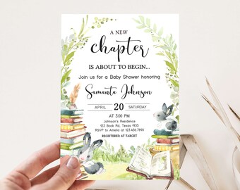 Editable Storybook Baby Shower Invitation, A New Chapter Baby Shower Invite, Gender Neutral Story Book Rabbit Baby Shower Invitation, 0714