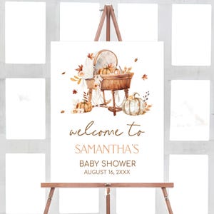 Cartello di benvenuto modificabile "Innamorarsi" per baby shower, poster floreale per culla autunnale per baby shower, cartello autunnale per baby shower con piccola zucca, 01116