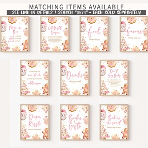 May include: A collection of framed signs with a Christmas theme. Each sign features watercolor illustrations of gingerbread men, Christmas trees, and cookies. Text on the signs includes phrases like "Food, Please enjoy" and "Favors, Please take one."