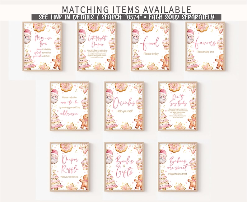 May include: A collection of framed signs with a Christmas theme. Each sign features watercolor illustrations of gingerbread men, Christmas trees, and cookies. Text on the signs includes phrases like "Food, Please enjoy" and "Favors, Please take one."