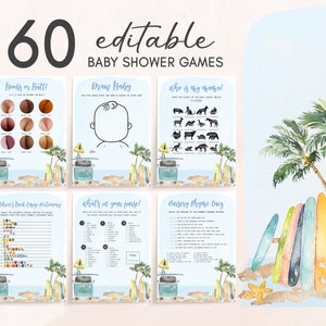 Editable Baby on Board Baby Shower Games Bundle Surf Baby Shower Game Pack Summer Beach Baby Games Boy Ocean Theme Printable Template 0271