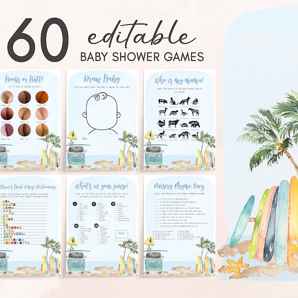 Editable Baby on Board Baby Shower Games Bundle Surf Baby Shower Game Pack Summer Beach Baby Games Boy Ocean Theme Printable Template 0271