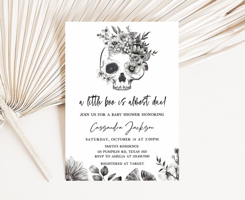 Halloween Black Gothic with Floral Skull with A Little Boo is Almost Due Baby Shower Invitation