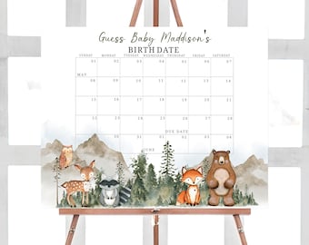 Editable Adventure Awaits Baby Shower Baby Due Date Calendar Woodland Animals Baby Shower Guess Baby&#39;s Birthday Game Forest Mountain  0195