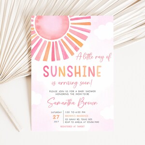 Editable Sunshine Baby Shower Invitation, Girl Sun Baby Shower Invite, Boho Sun Baby Shower, Little Ray of Sunshine Baby Shower Invite, 0836