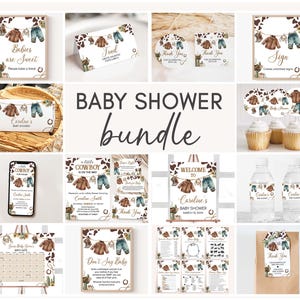 Pacchetto modificabile per baby shower A Little Cowboy, pacchetto per baby shower Wild West Cowboy Clothes, modello mega bundle per baby shower Western Rodeo 01039