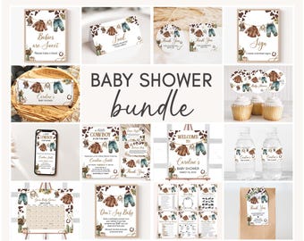 Editable A Little Cowboy Baby Shower Bundle, Wild West Cowboy Clothes Baby Shower Pack, Western Rodeo Baby Shower Mega Bundle Template 01039